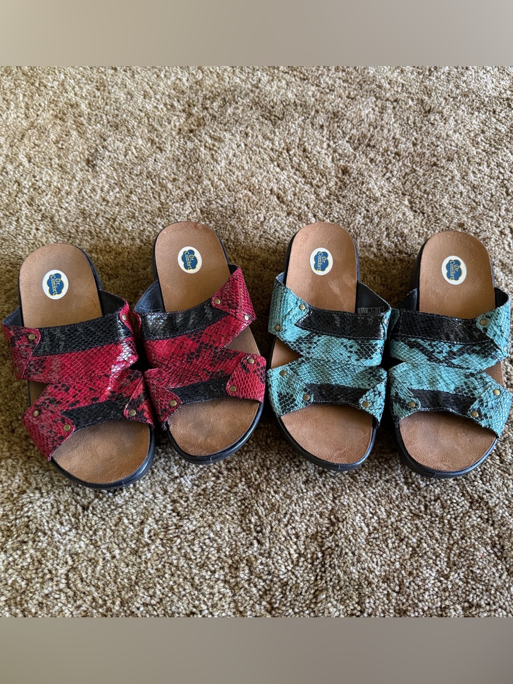 2 pair red + black and blue + black Dr. Comfort snake print sandals bundle